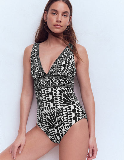 Porto V-neck Swimsuit-Black, Geo Stamp-1