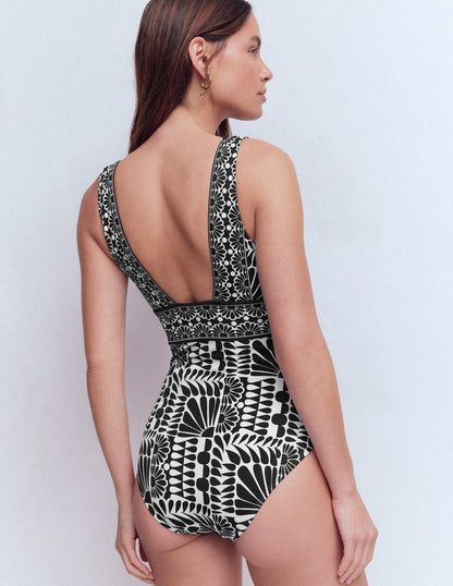 Porto V-neck Swimsuit-Black, Geo Stamp-3