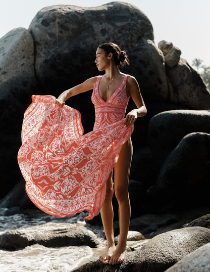 Porto V-neck Swimsuit-Poppy Red, Ornamental Garden-8