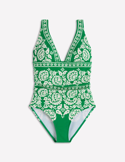 Mykonos Deep V Swimsuit-Green, Ornate Floret-5