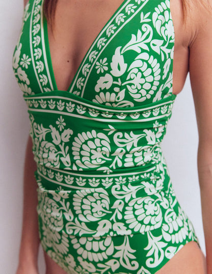 Mykonos Deep V Swimsuit-Green, Ornate Floret-2