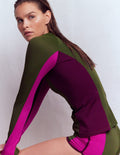 Long Sleeve Rash Guard Top-Khaki Colourblock