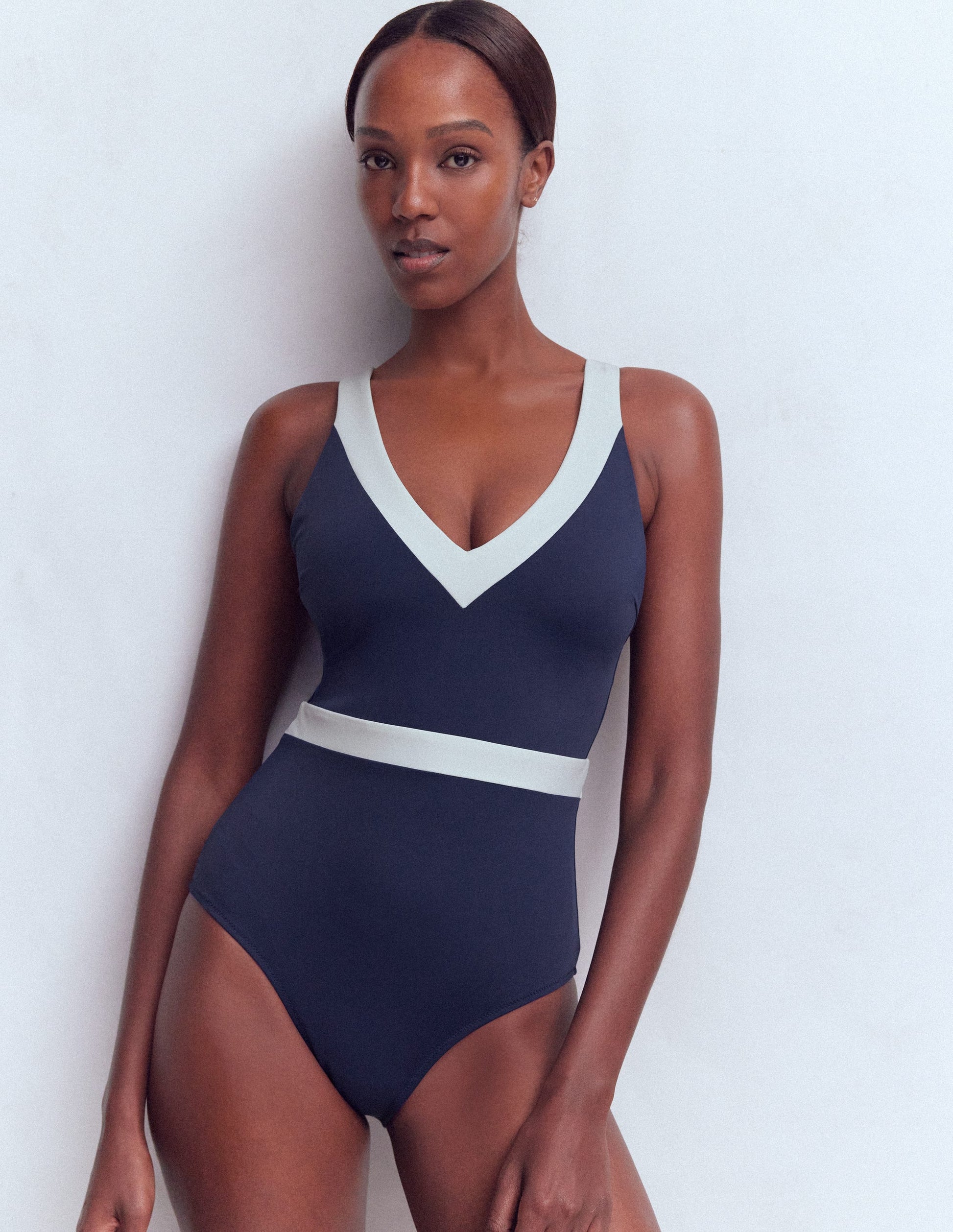 Campania Cross-back Swimsuit-Navy, Ivory Colourblock-1