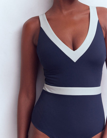Campania Cross-back Swimsuit-Navy, Ivory Colourblock-2