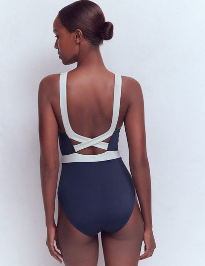 Campania Cross-back Swimsuit-Navy, Ivory Colourblock-3