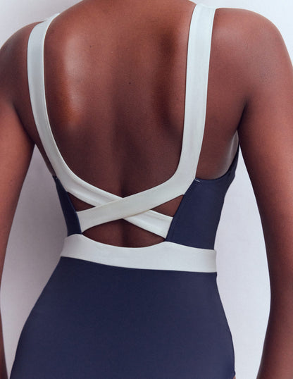 Campania Cross-back Swimsuit-Navy, Ivory Colourblock-5