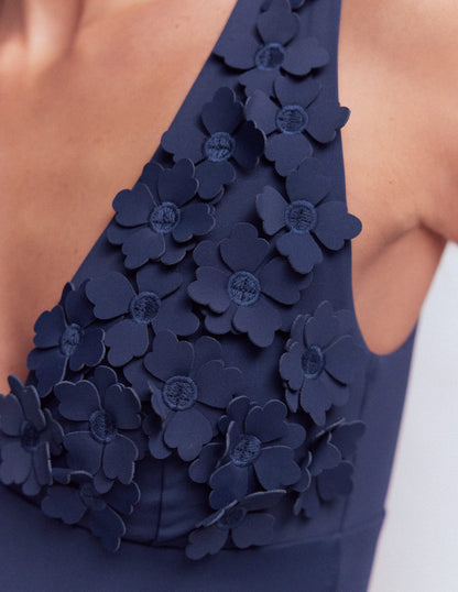 Flower Appliqué Swimsuit-Navy, Applique-2