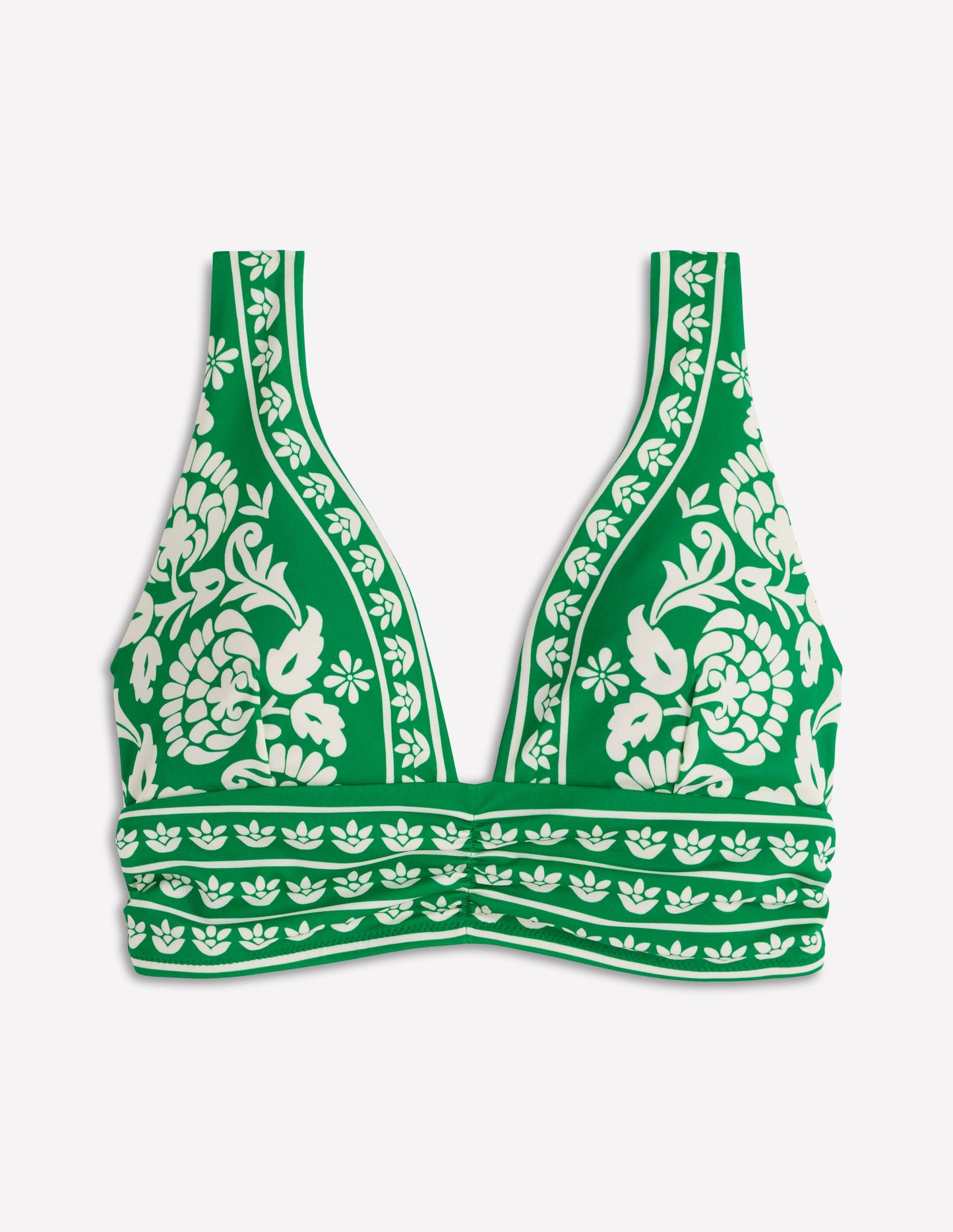 Mykonos Deep V Bikini Top-Rich emerald, ornate floret