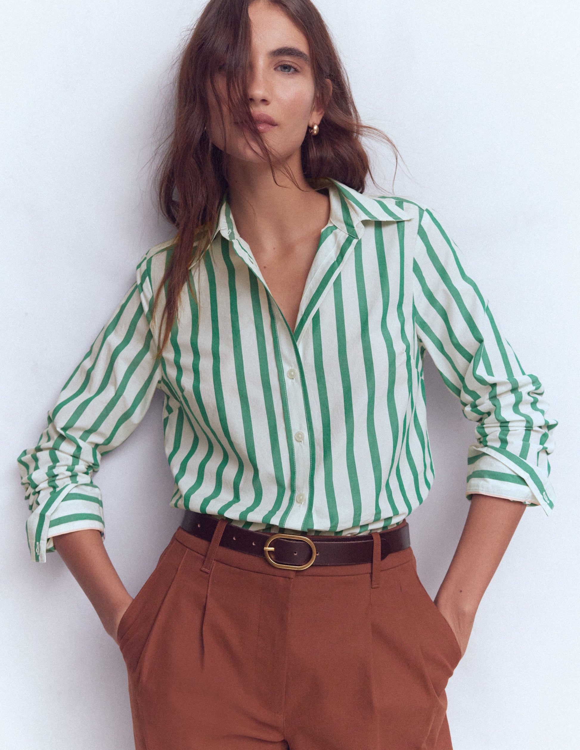 Sienna Cotton Shirt-Green and Ivory Stripe-2