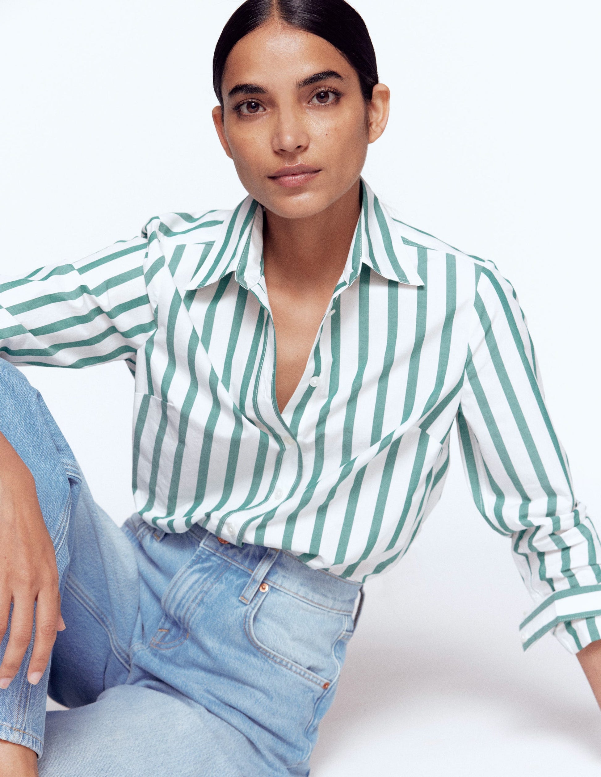 Sienna Cotton Shirt-Green and Ivory Stripe-1