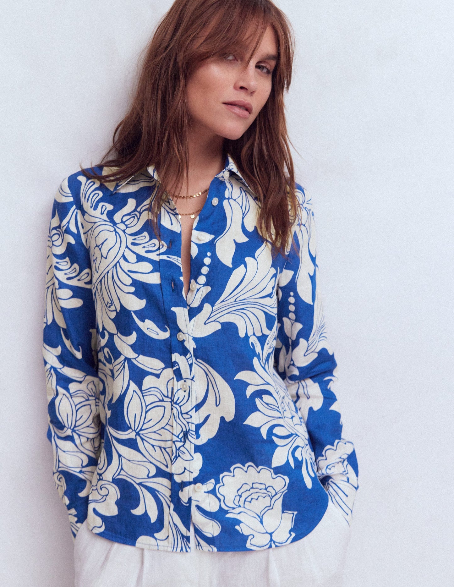 Sienna Linen Shirt-Blue, Botanical Flourish