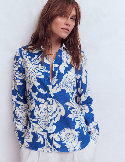 Sienna Linen Shirt-Blue, Botanical Flourish-4