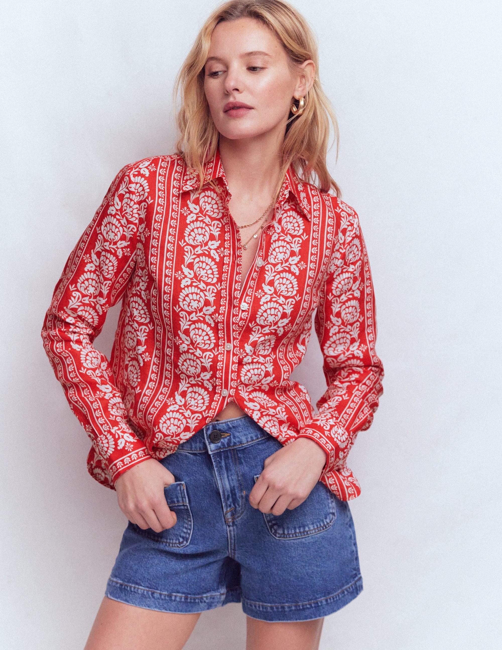 Sienna Linen Shirt-Red, Ornate Floret - Image 1