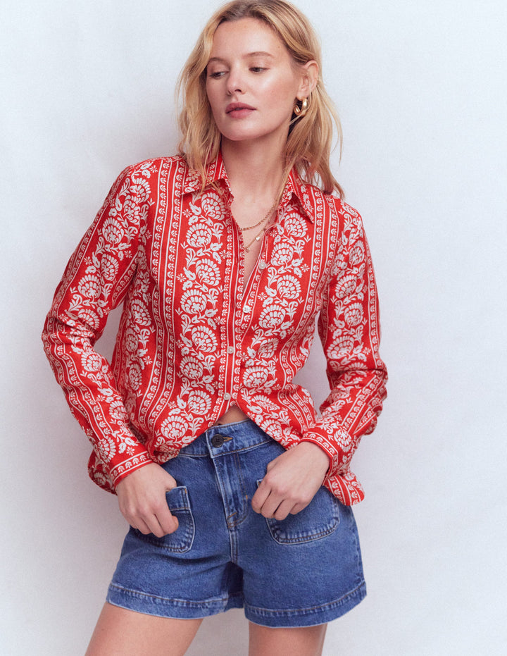 Sienna Linen Shirt-Red, Ornate Floret