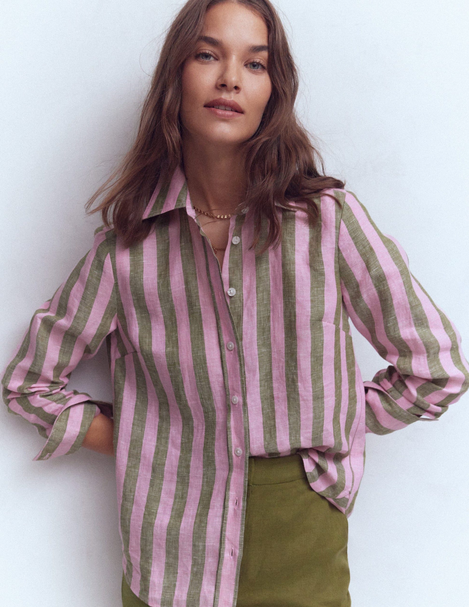 Sienna Linen Shirt-Green and Pink Stripe-3