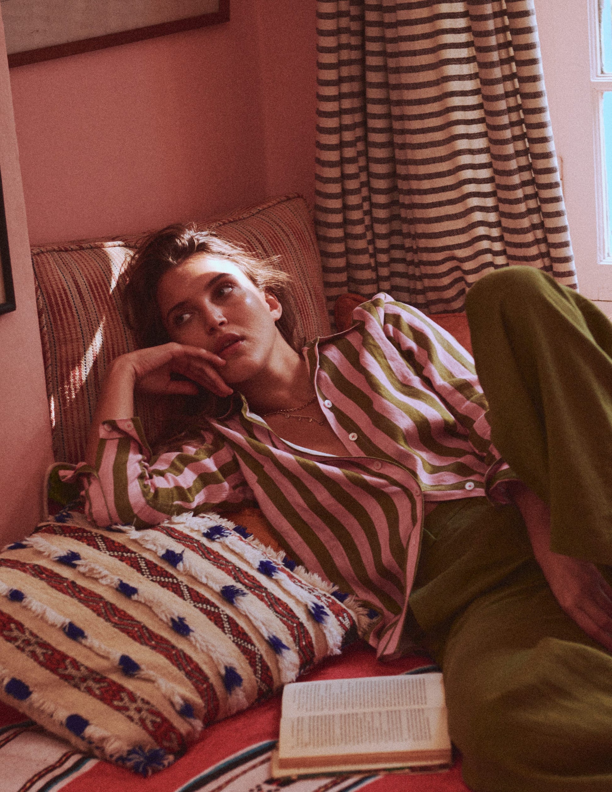 Sienna Linen Shirt-Green and Pink Stripe-4