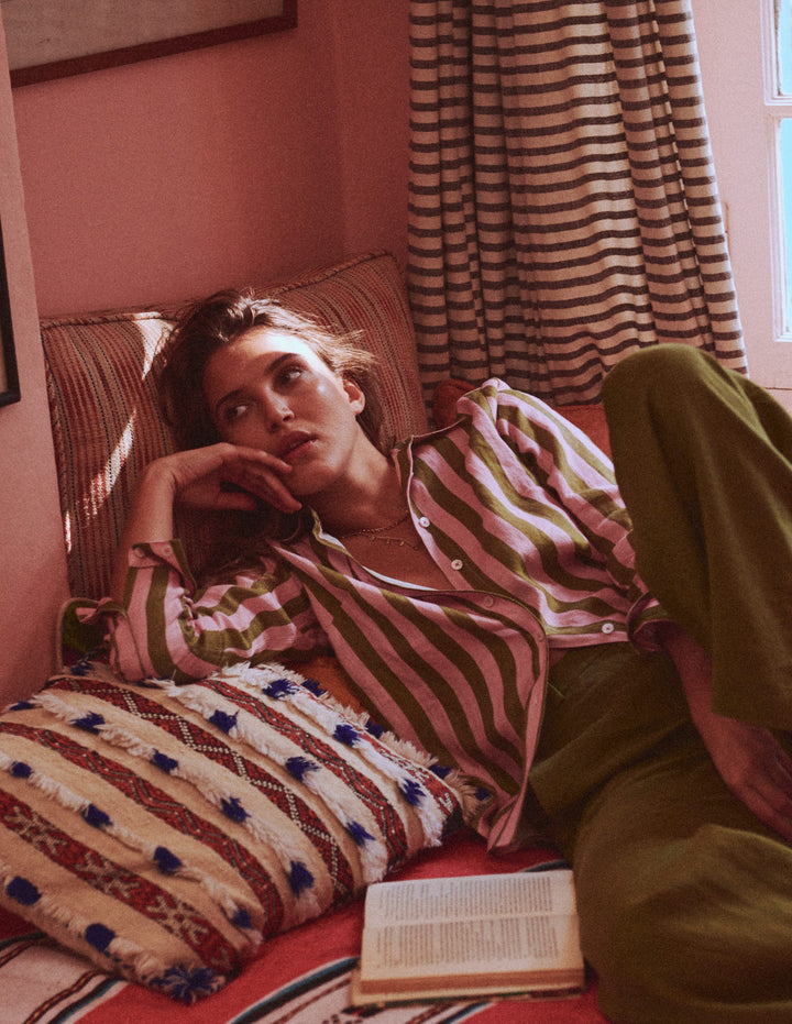 Sienna Linen Shirt-Green and Pink Stripe