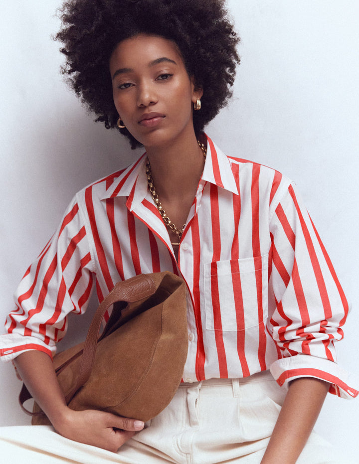 Sadie Relaxed Cotton Shirt-Ivory and Salsa Stripe