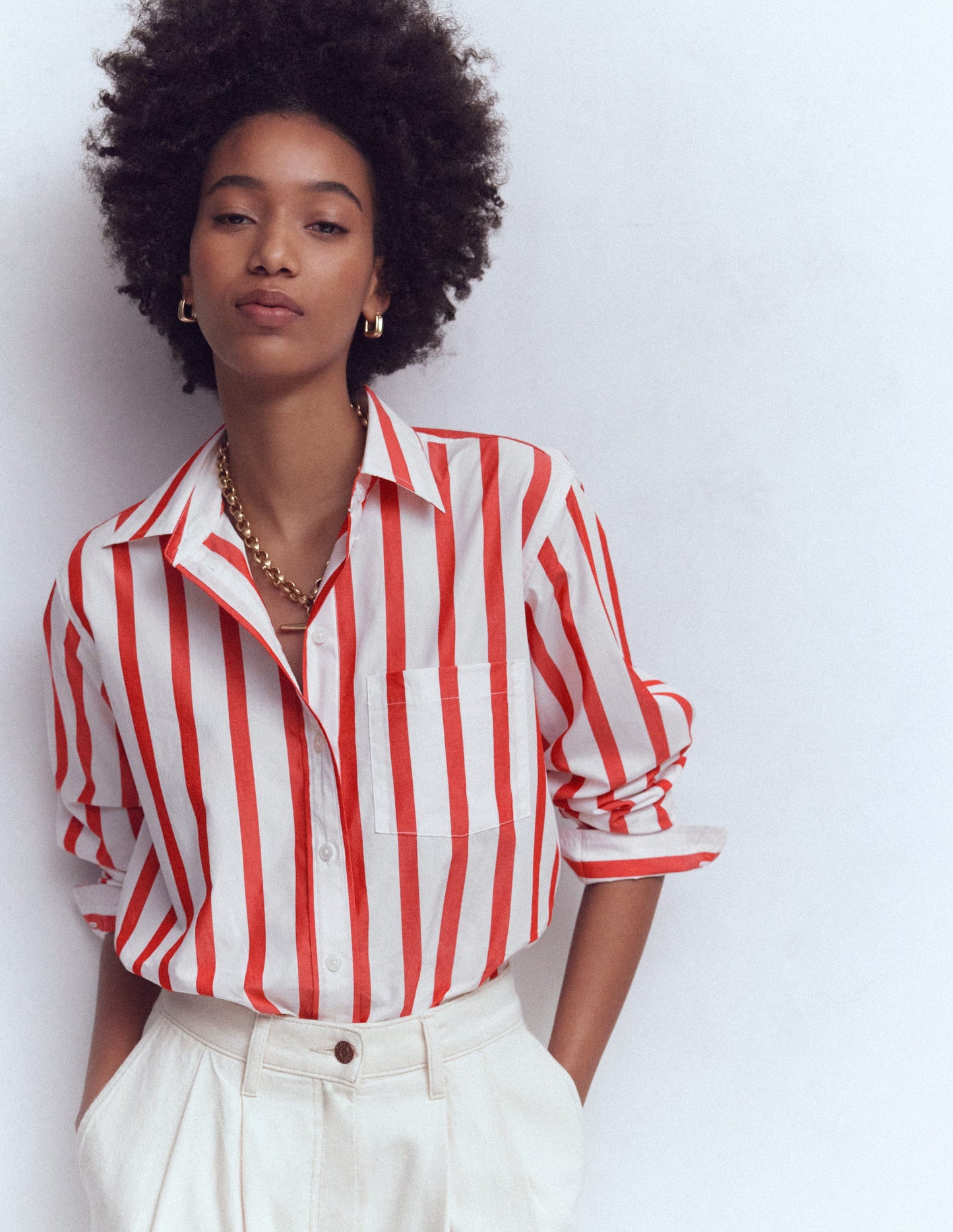 Sadie Relaxed Cotton Shirt-Ivory and Salsa Stripe