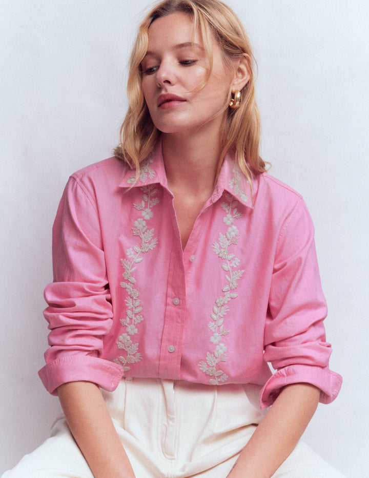 Sadie Relaxed Cotton Shirt-Pink Floral Beaded Oxford