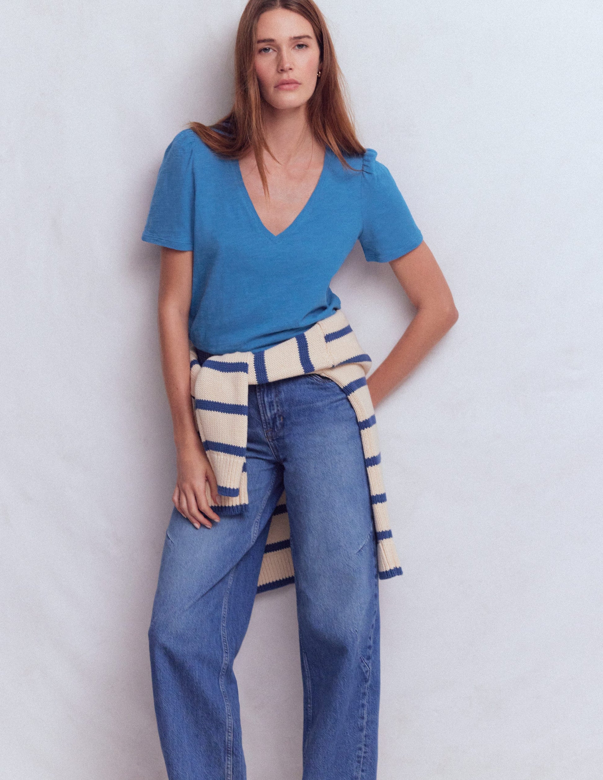 V Neck Slub T-shirt-Vallarta Blue-1