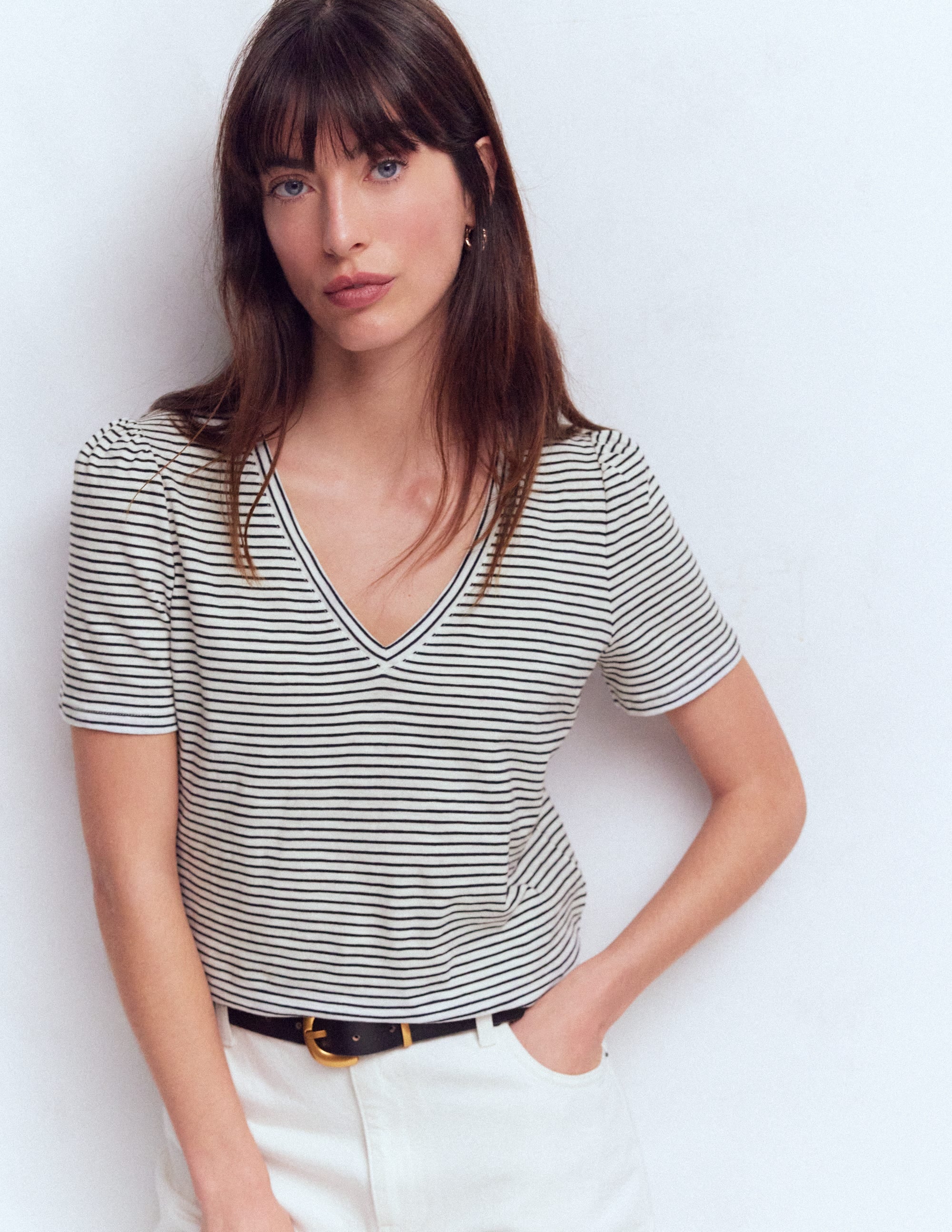 Sophie V-neck Slub T-shirt-Ivory, Navy Stripe - Image 1