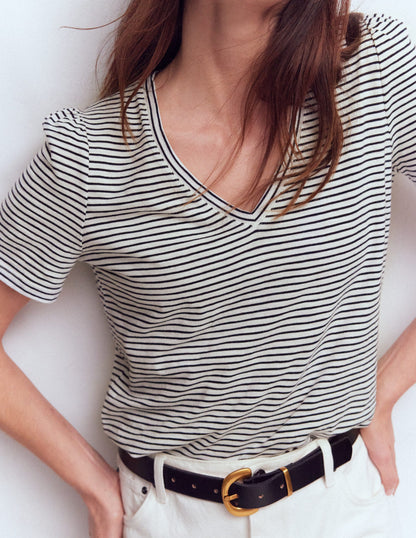 V Neck Slub T-shirt-Ivory, Navy Stripe-2