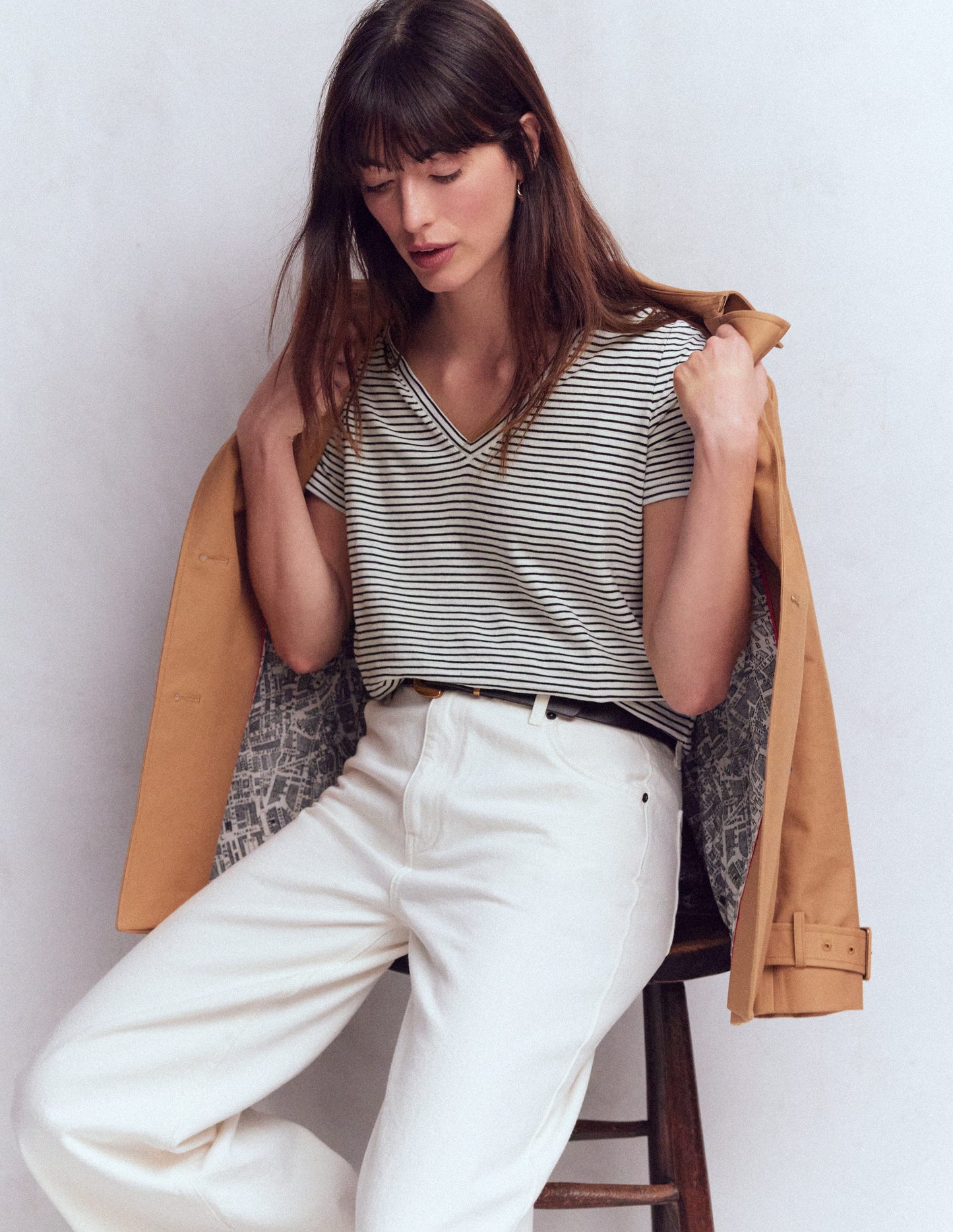 V Neck Slub T-shirt-Ivory, Navy Stripe