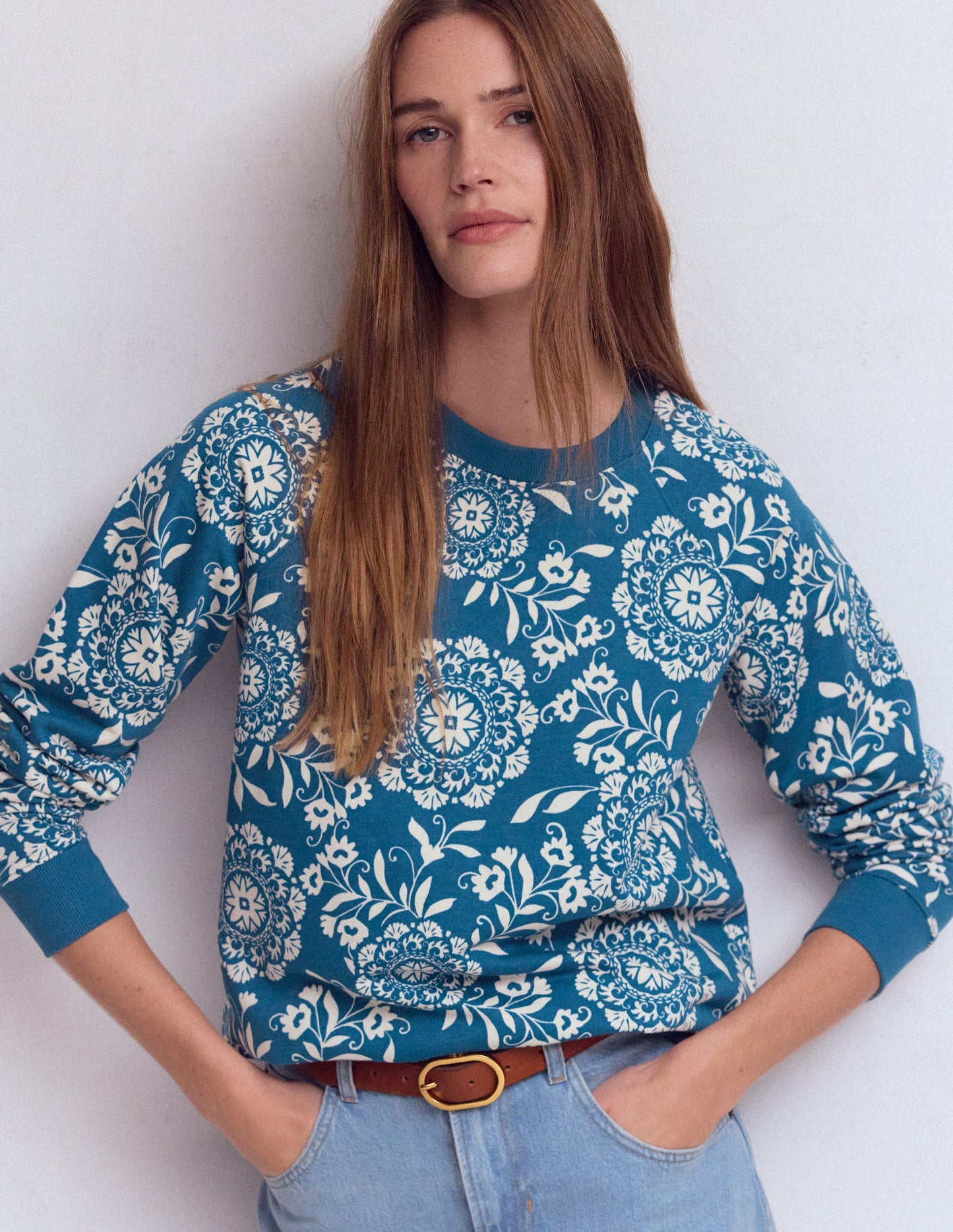 Rosa Printed Sweatshirt-Dark Blue, Decorative Blossom