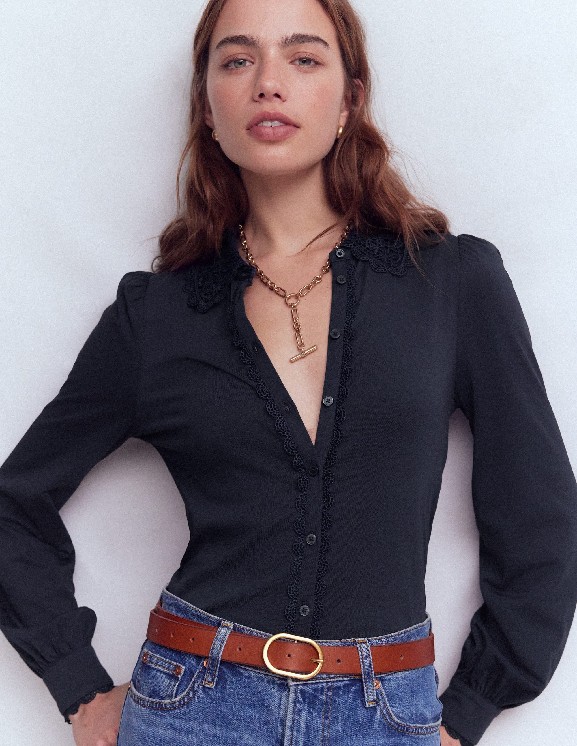Lace Collar Blouse-Navy - Image 1