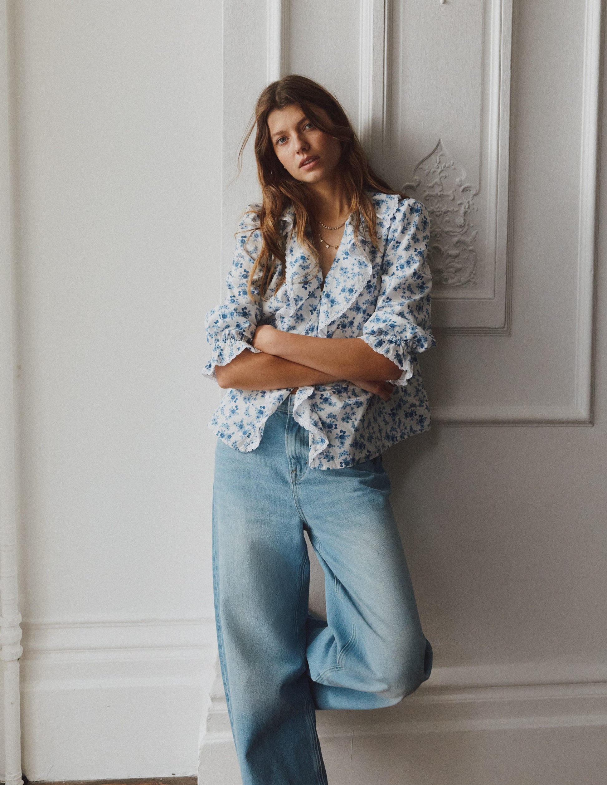 Eliza Ruffle V-Neck Blouse-Tourmaline Blue, Dainty Vine-1