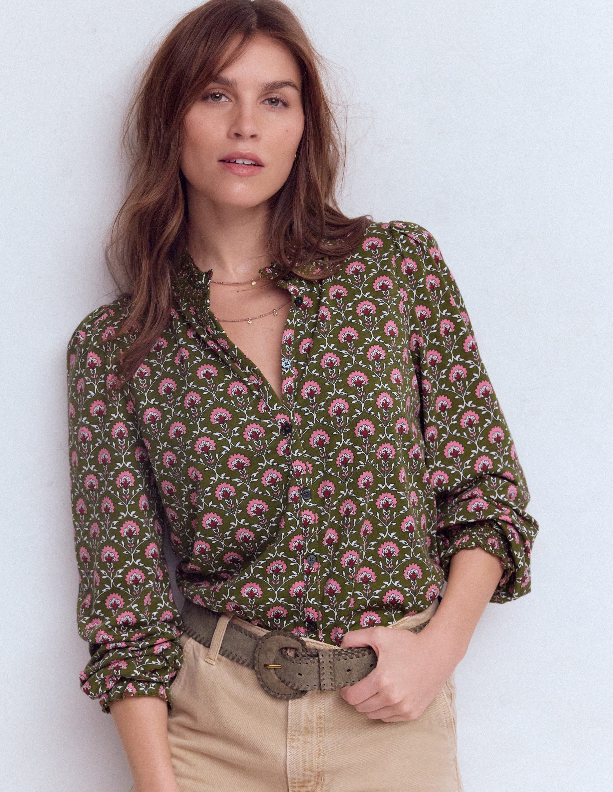Effie Smocked Detail Shirt-Mayfly, Flower Lattice - Image 1