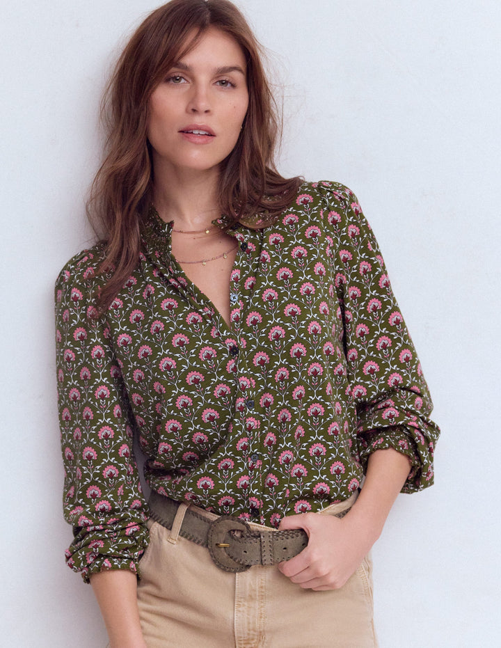 Effie Smocked Detail Shirt-Mayfly, Flower Lattice