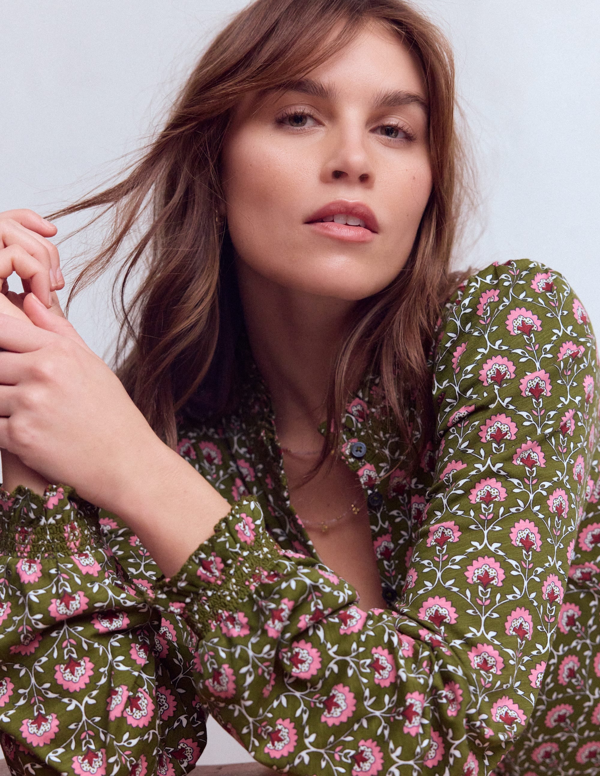 Effie Smocked Detail Shirt-Mayfly, Flower Lattice - Image 5