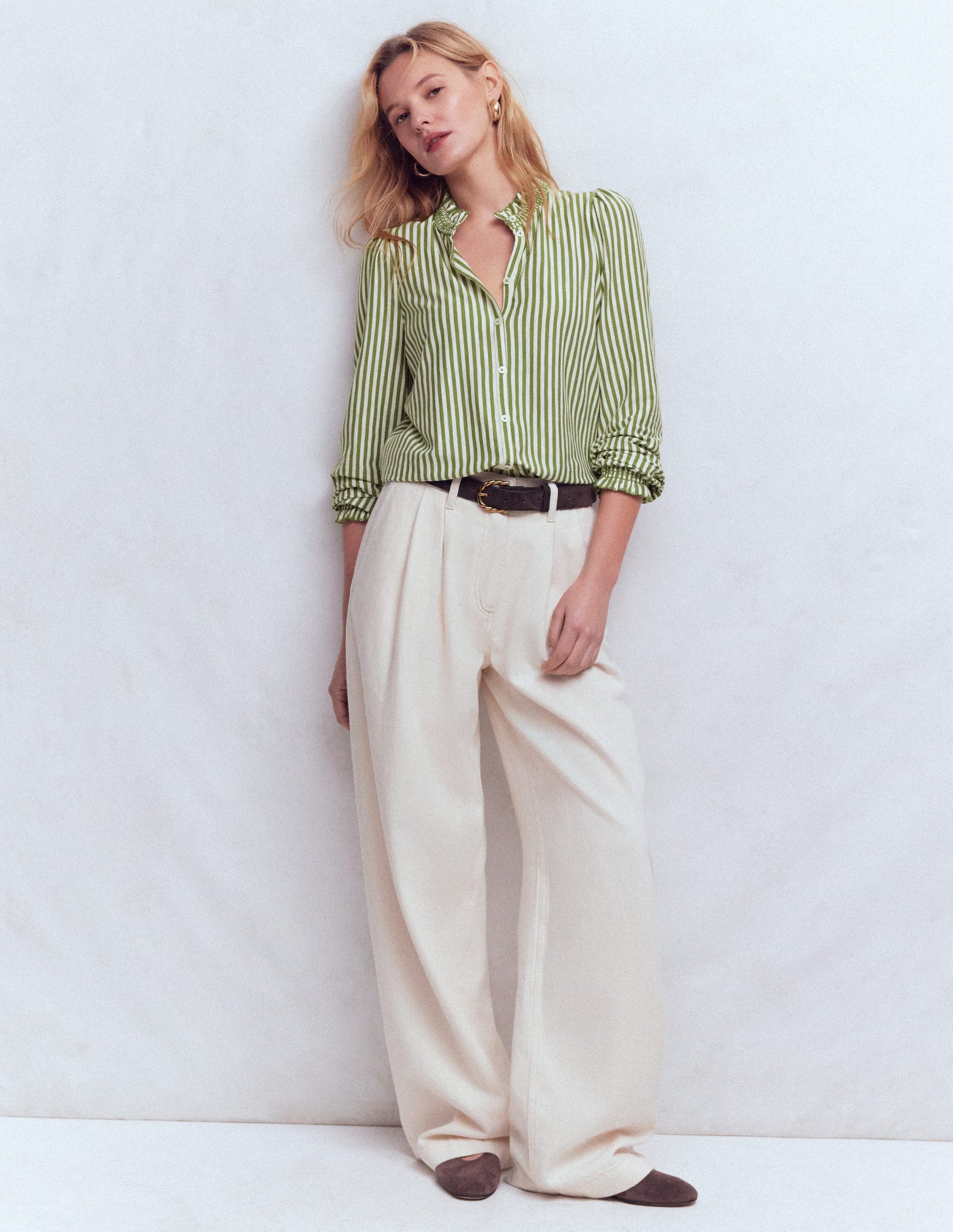 Effie Smocked Detail Shirt-Dill Stripe-4