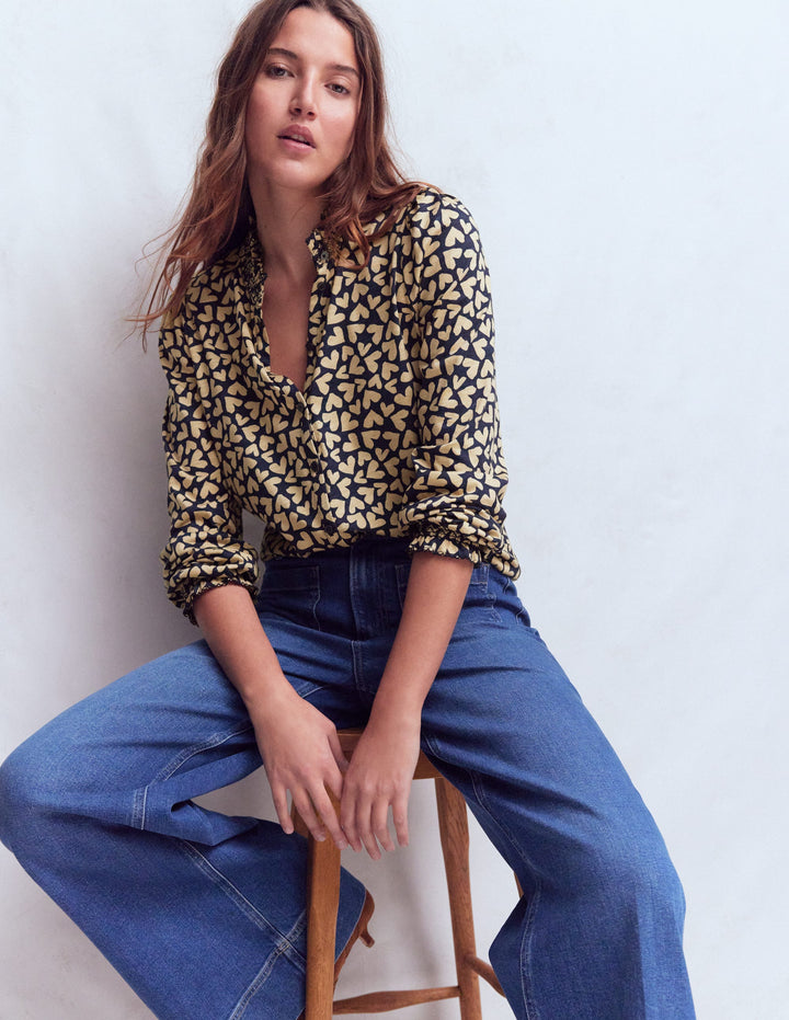 Effie Smocked Detail Shirt-Navy Heart