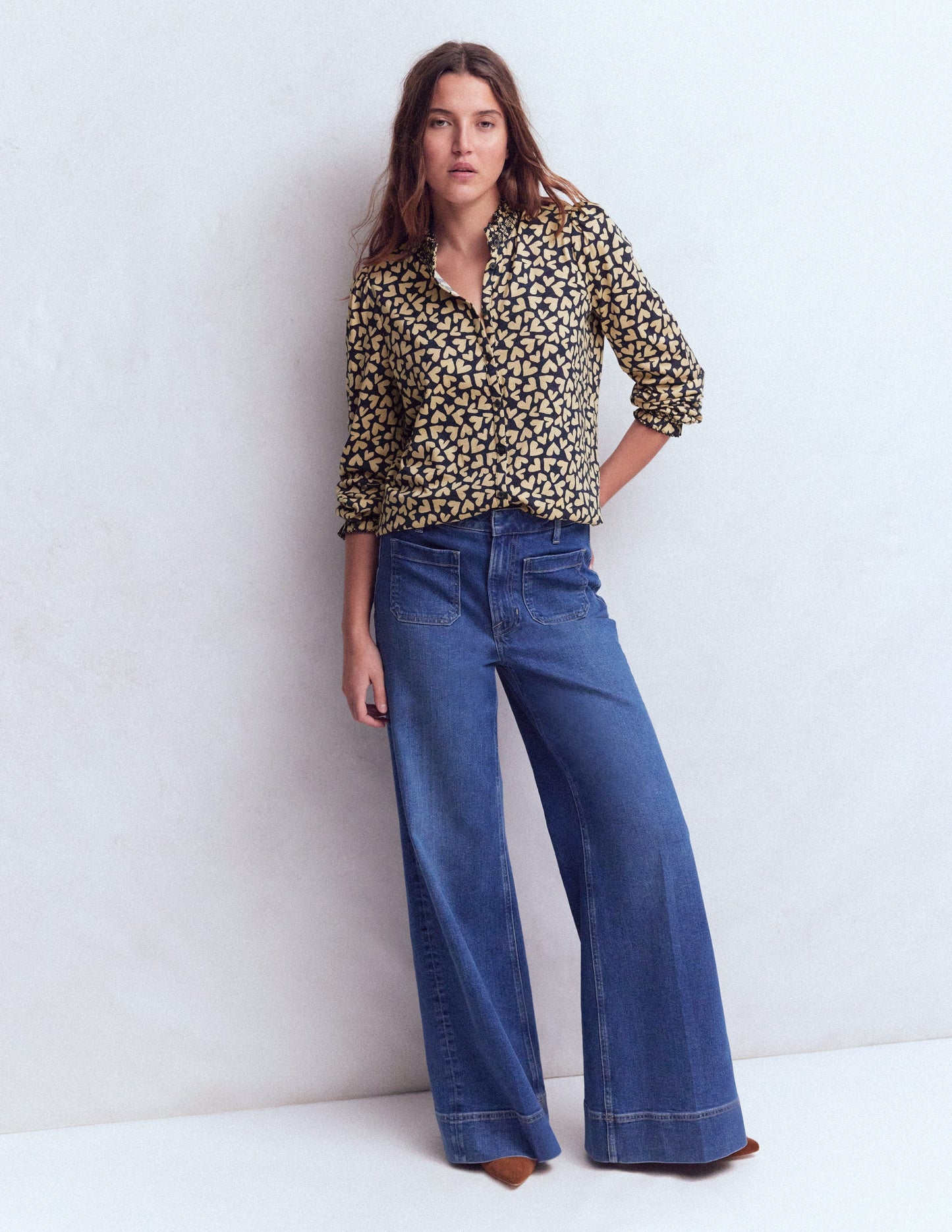 Effie Smocked Detail Shirt-Navy Heart