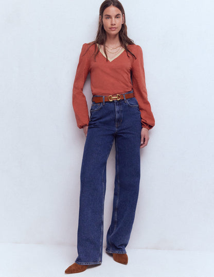 Metallic Trim V-neck Top-Barn Red-1