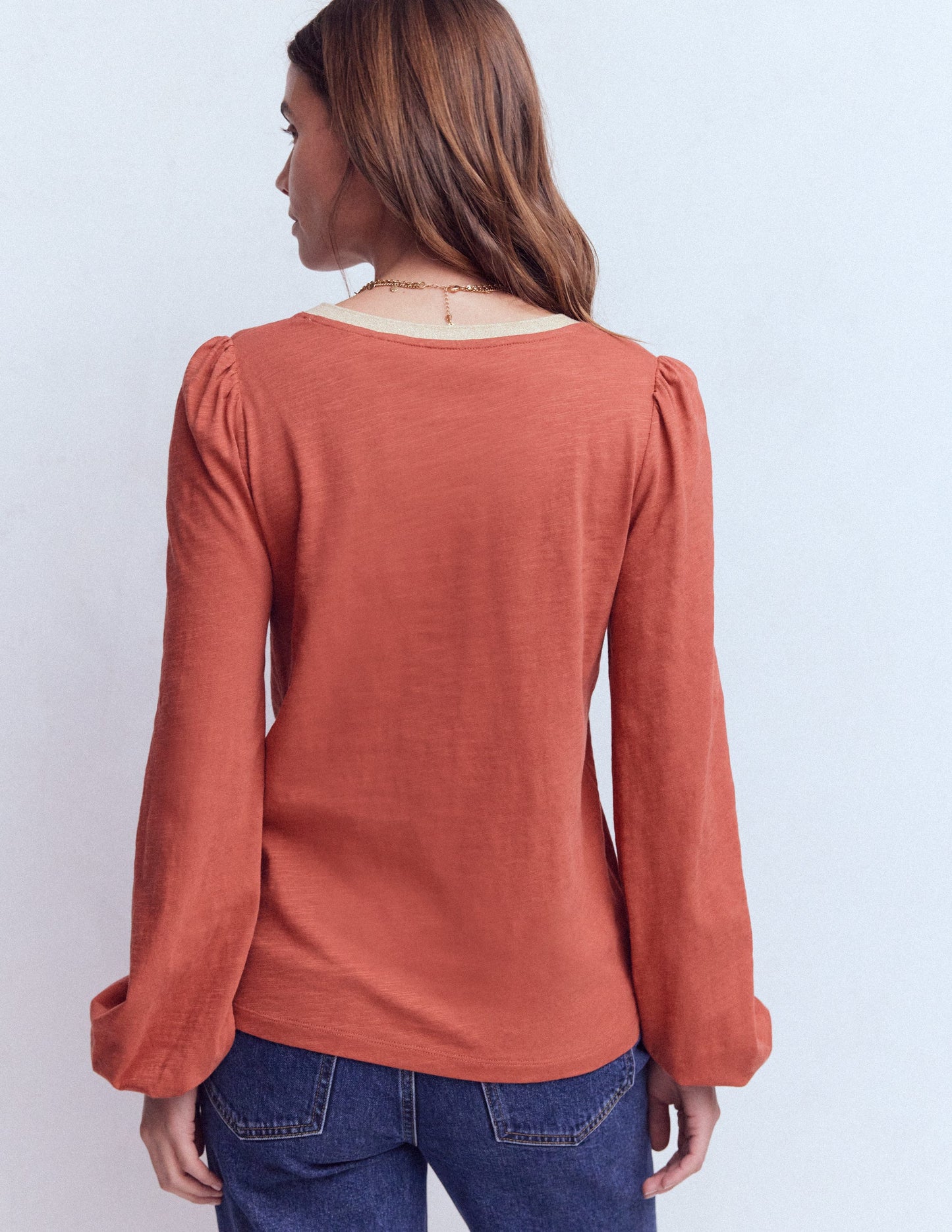 Metallic Trim V-neck Top-Barn Red