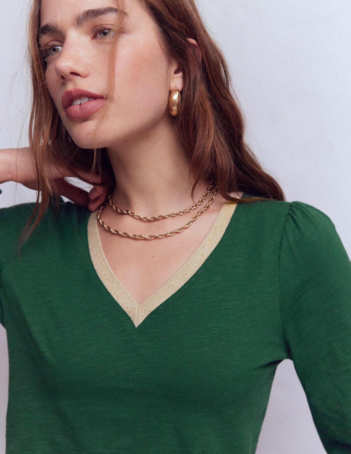 Metallic Trim V-neck Top-Trekking Green