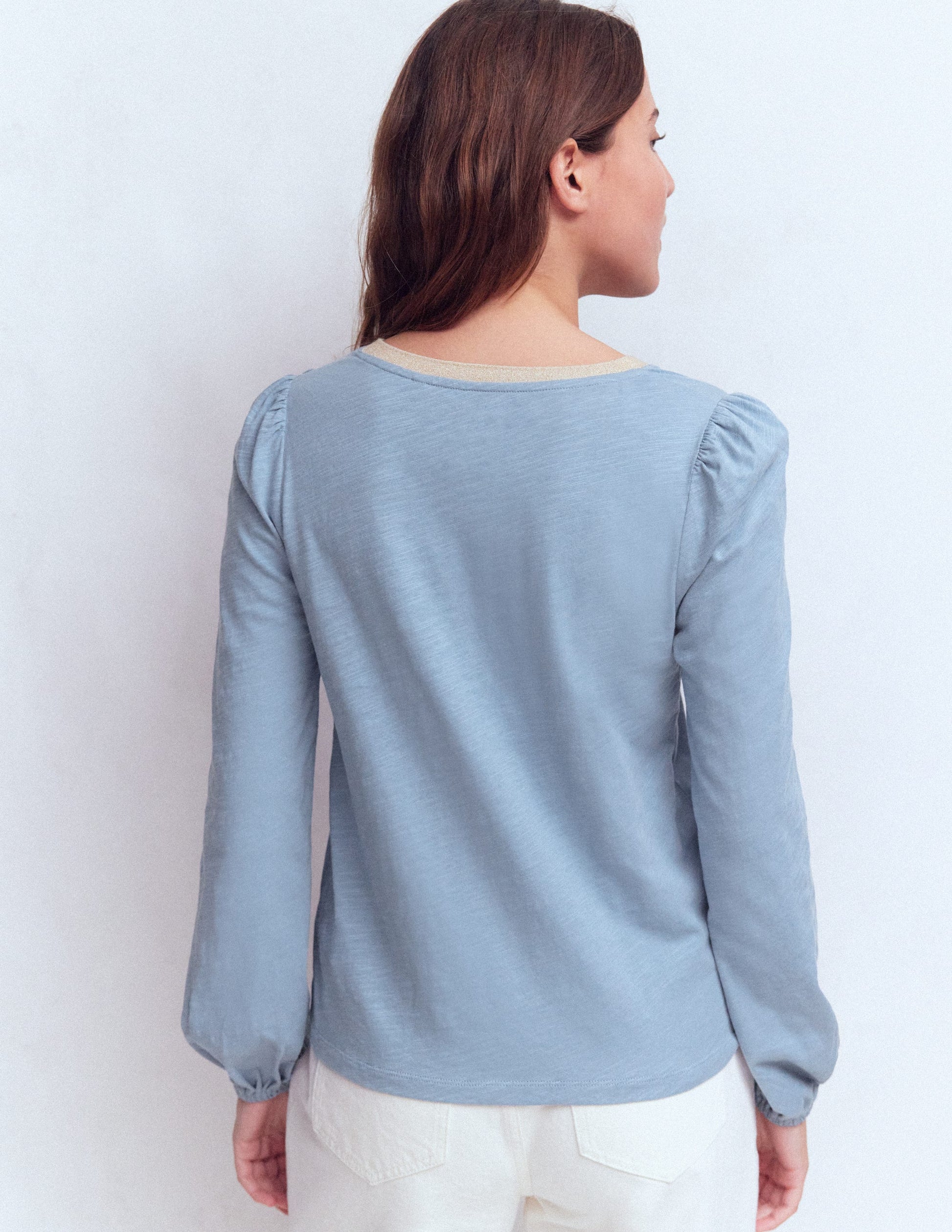Metallic Trim V-neck Top-French Blue-3