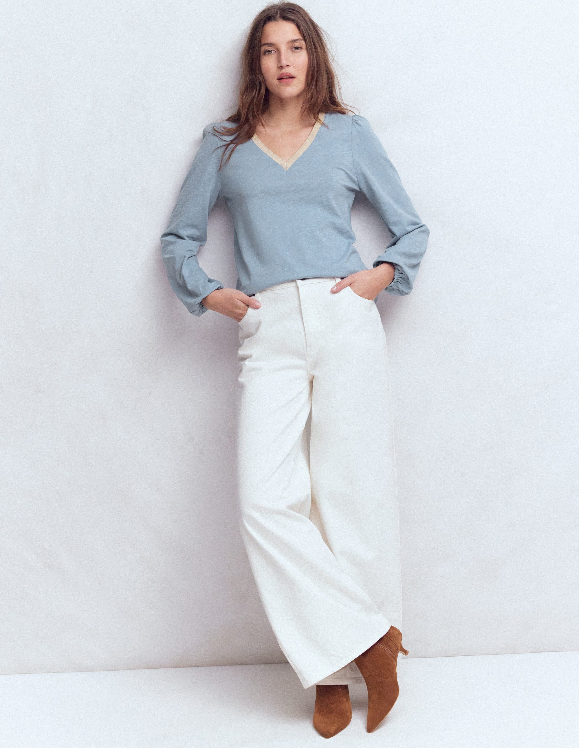 Metallic Trim V-neck Top-French Blue - Image 4