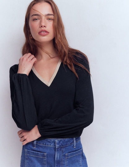 Metallic Trim V-neck Top-Navy-4