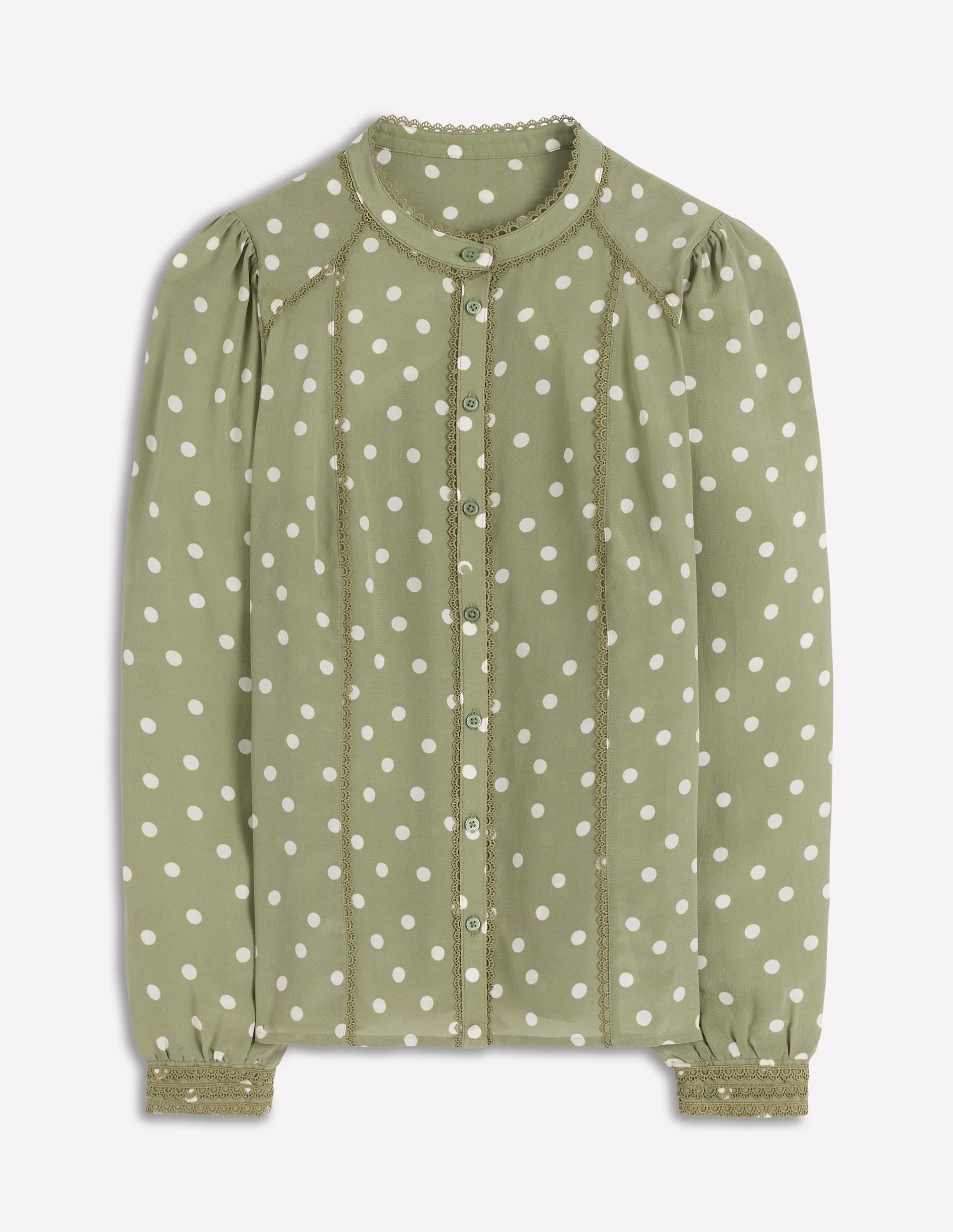 Rhea Trim Detail Silk Top-Larch Green, Painted Dot - Image 5
