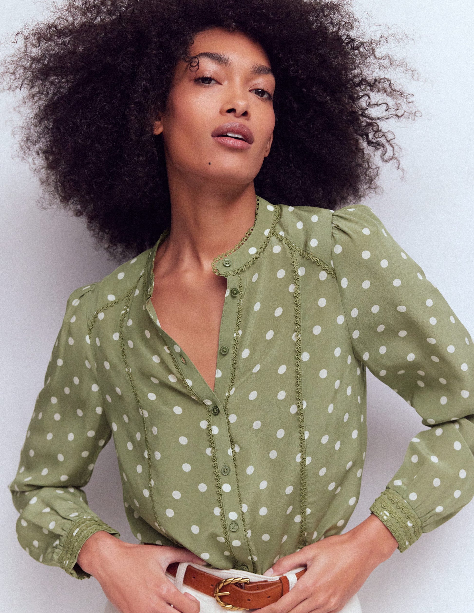 Rhea Trim Detail Silk Top-Larch Green, Painted Dot-1