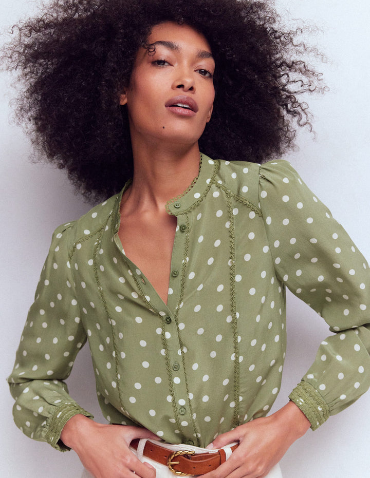 Rhea Trim Detail Silk Top-Larch Green, Painted Dot