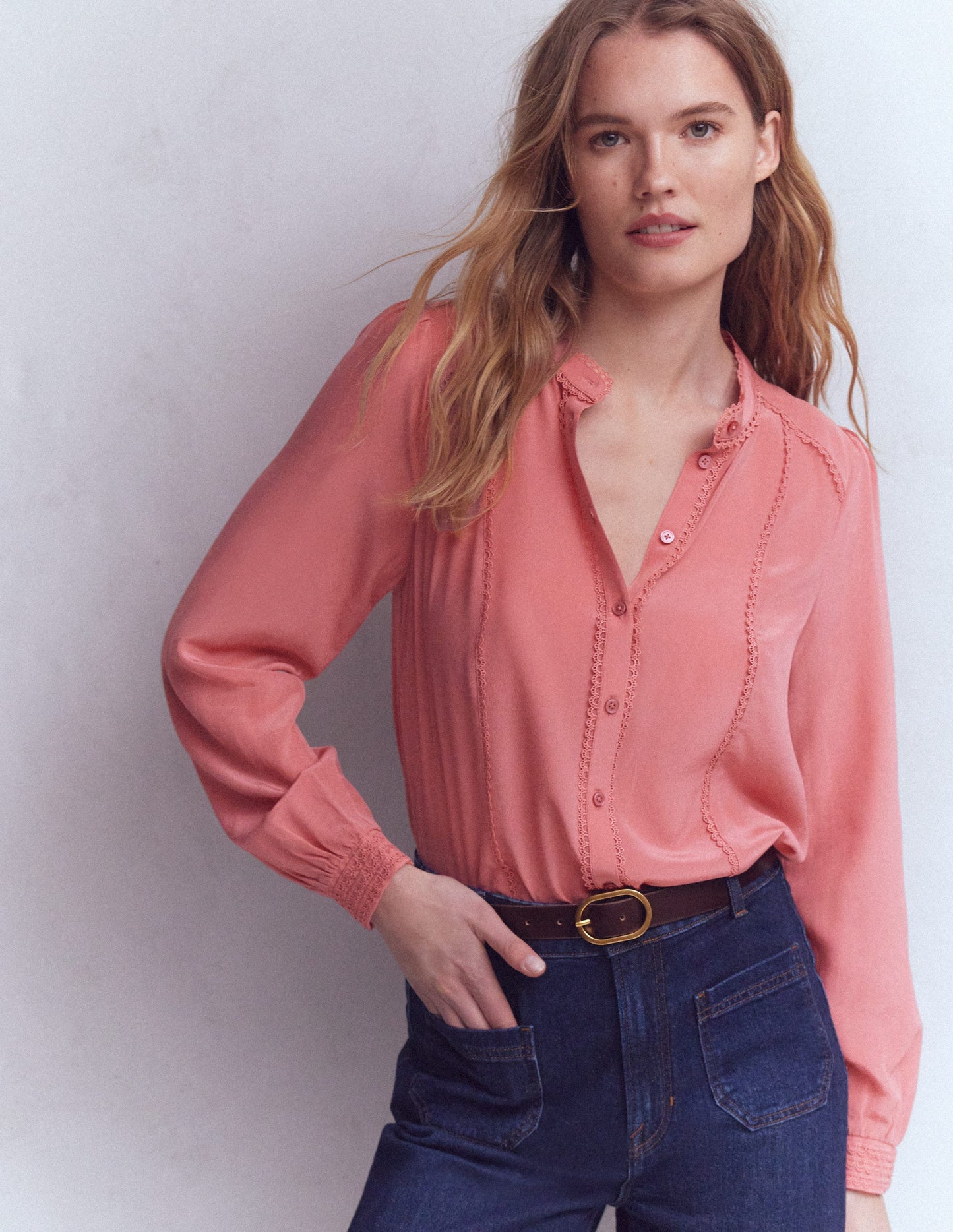 Rhea Trim Detail Silk Top-Vintage Rose