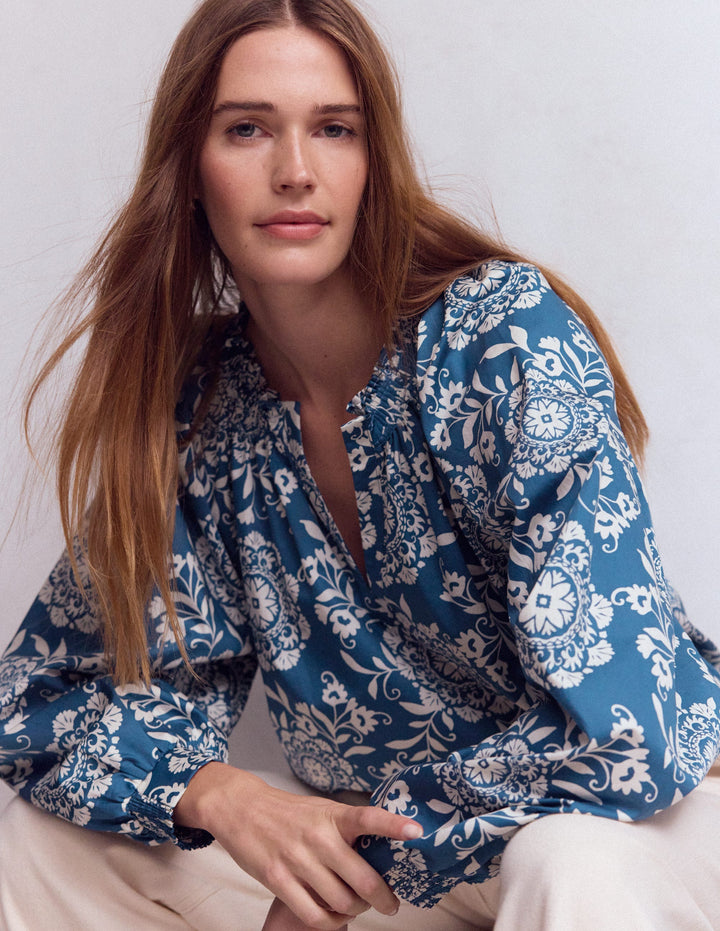 Serena Pleat Neck Top-Dark Blue, Decorative Blossom