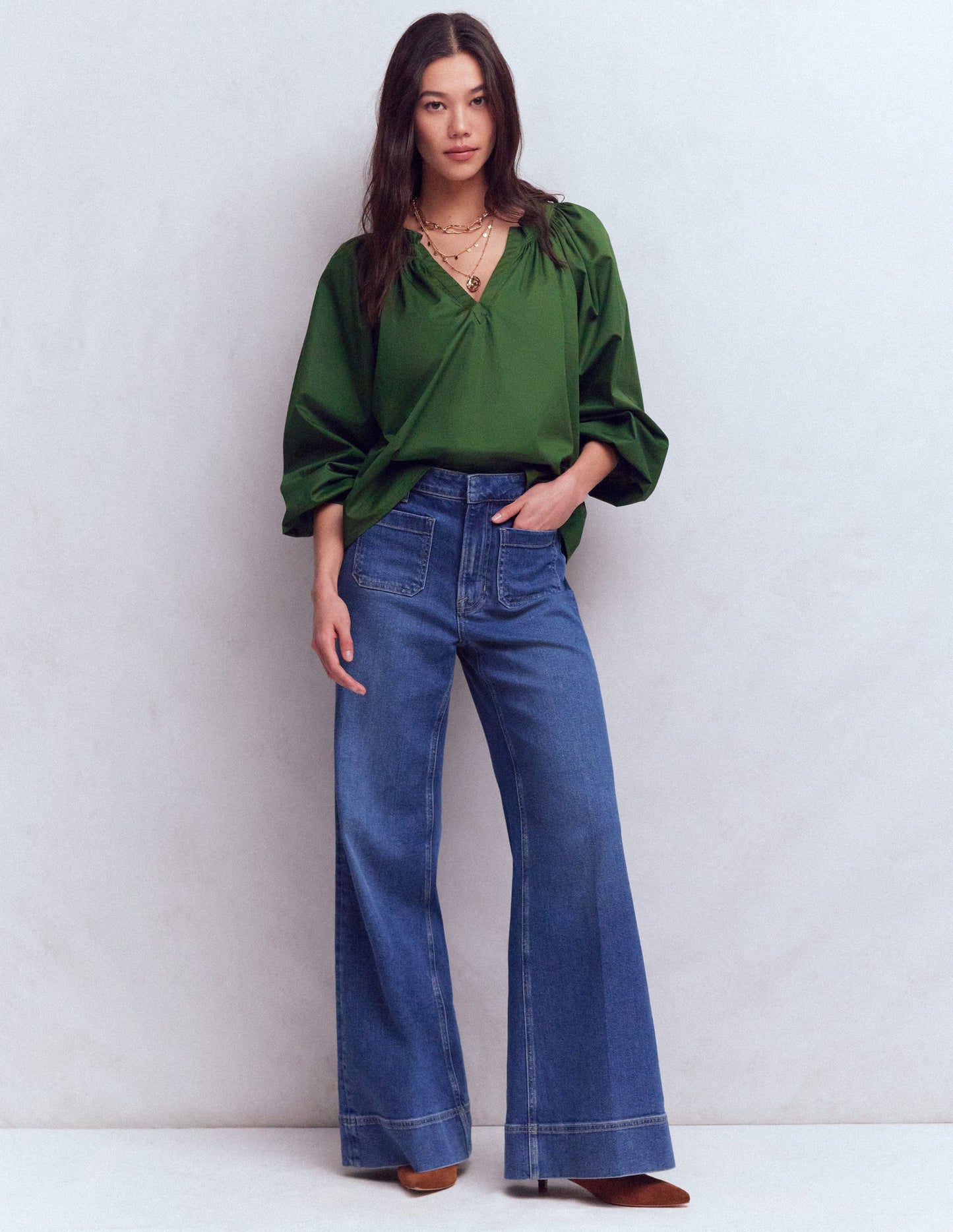 Serena Pleat Neck Top-Green Fir