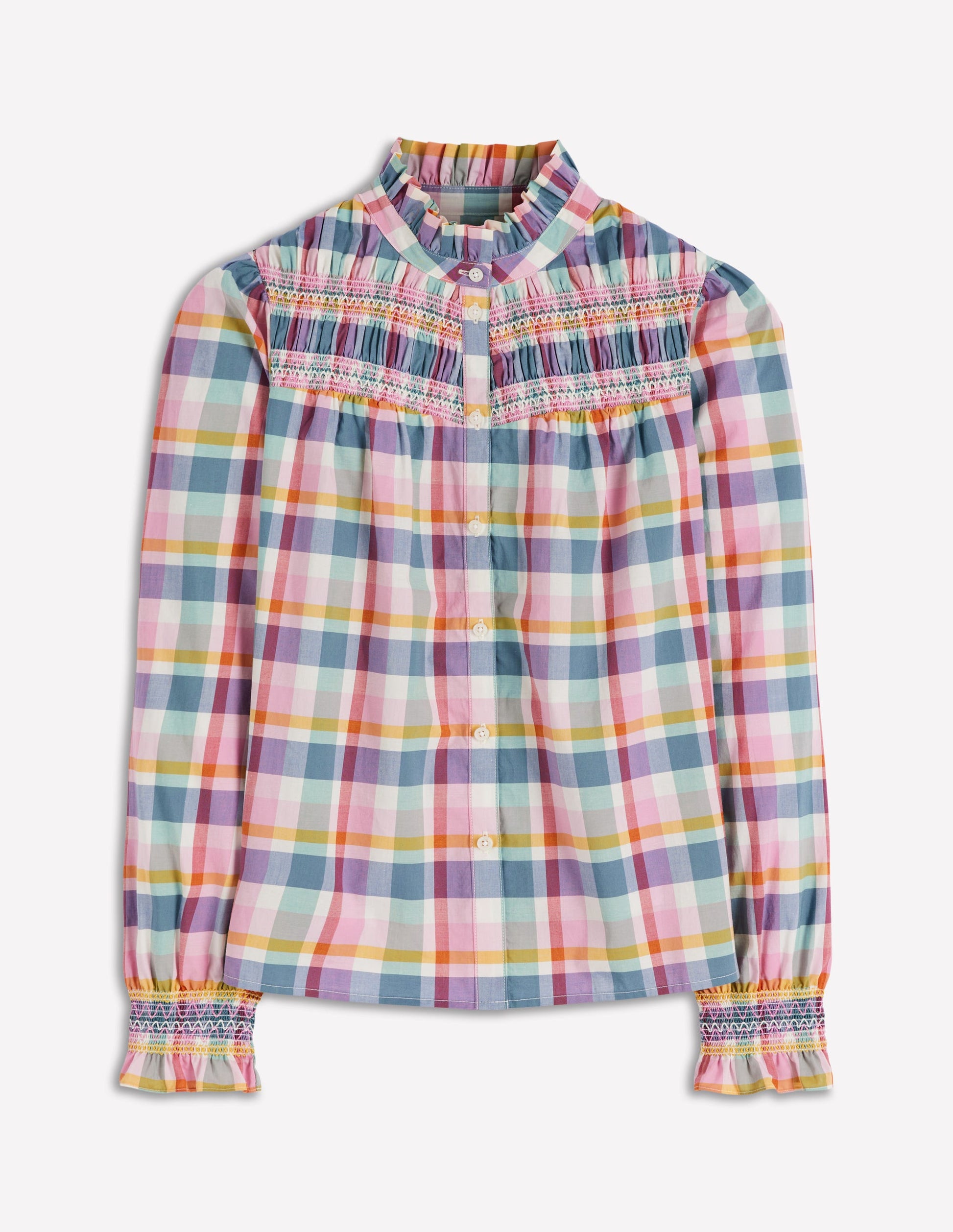 Esme Smocked Detail Frill Top-Multi Check-7